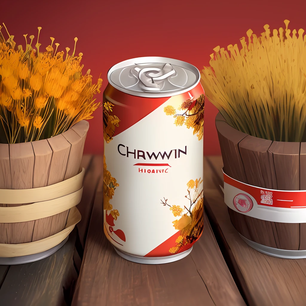 1 can, hawthorn-flavored beverage, product appearance design, theme color (red), natural background, creative design, appearance design drawing of the can, aesthetic elements, innovative design, hawthorn pattern on the can body, no words on the can body