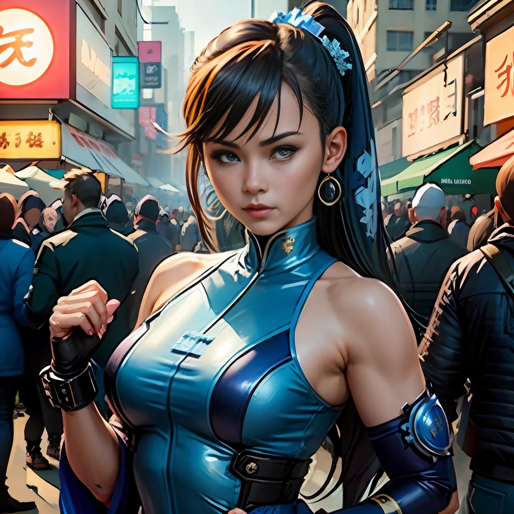 a woman in a blue outfit is standing in a market, cyberpunk art inspired by Masamune Shirow, Artstation contest winner, fantasy art, portrait of chun - li, chun-li, chun - li, chun li, portrait of chun li, seductive anime girl, chun li at the gym, beautiful alluring anime woman, trending on cgstation