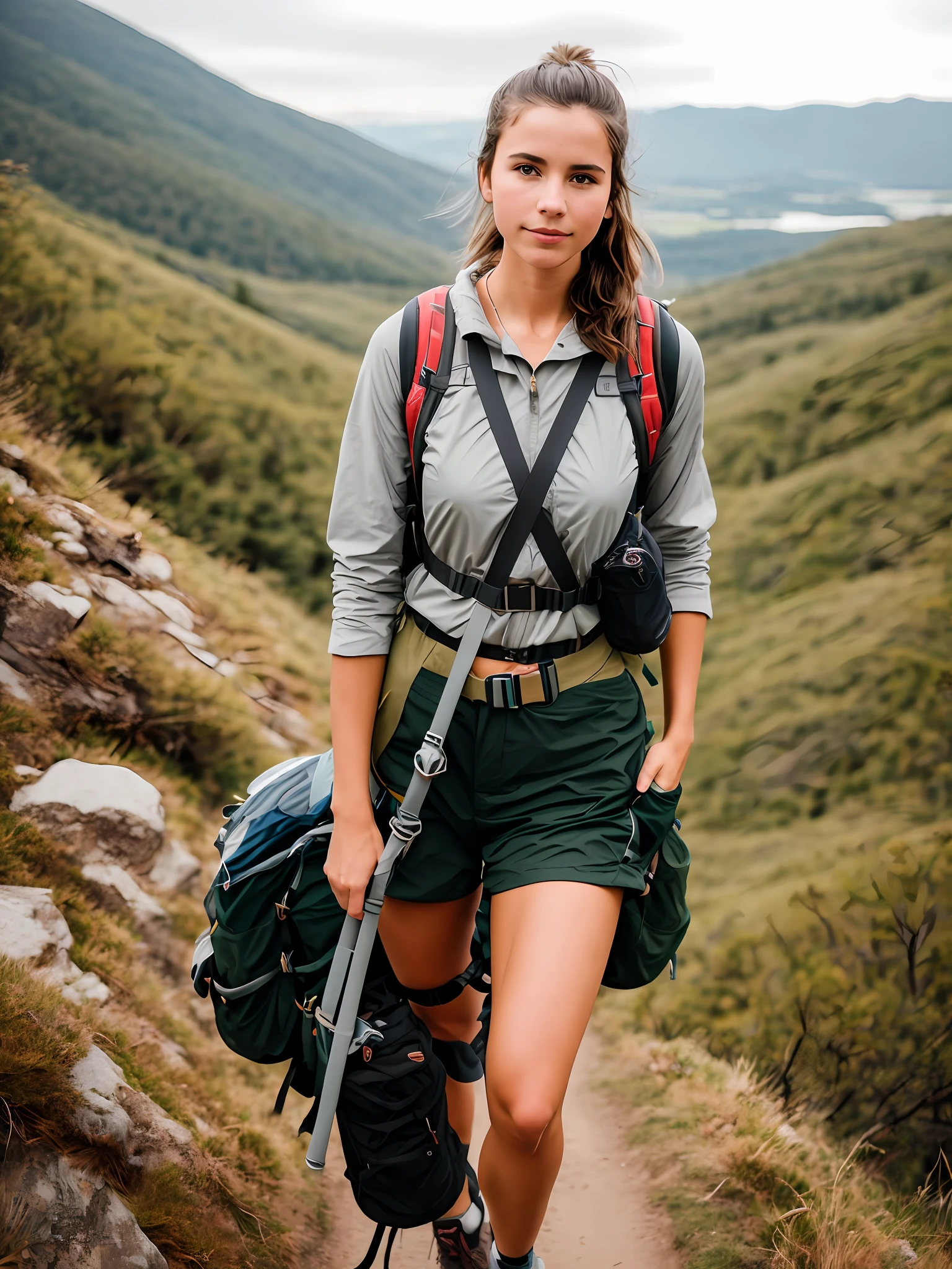 RAW photo, 1girl, a (portrait:1.2) of full body a cute sweedish woman as a hiker on the top of a hill, (high detailed skin:1.2), 8k uhd, dslr, soft lighting, high quality, film grain, Fujifilm XT3