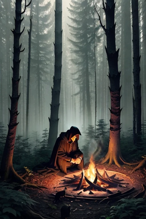 Dark forest, summer, dense thickets, primeval forest, wild forest, small secret fire in the night forest, loneliness, masterpiece, best quality, silhouette of a man in a black cloak, sitting by the fire, hiding, hood, lonely