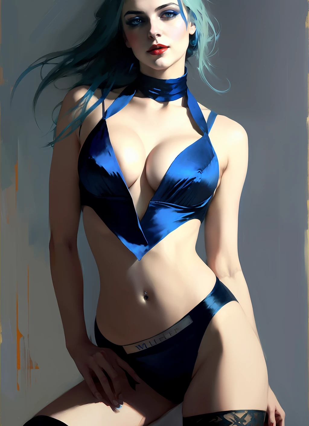 blue hair, medium hair, ponytail, blue eyes, eyeshadow, corpse paint, beautiful russian girl, medium breast, white suit jacket, stomach, (vneckline:1.4), (no bra:1.3), sexually suggestive, (sexy:1.3), seductive smiling, red lipstick, photorealistic, wallpaper, ink masterpiece, best quality, high quality, professional majestic oil painting by Ed Blinkey, Atey Ghailan, Jeremy Mann, Greg Manchess, (WLOP:1.2), Charlie Bowater