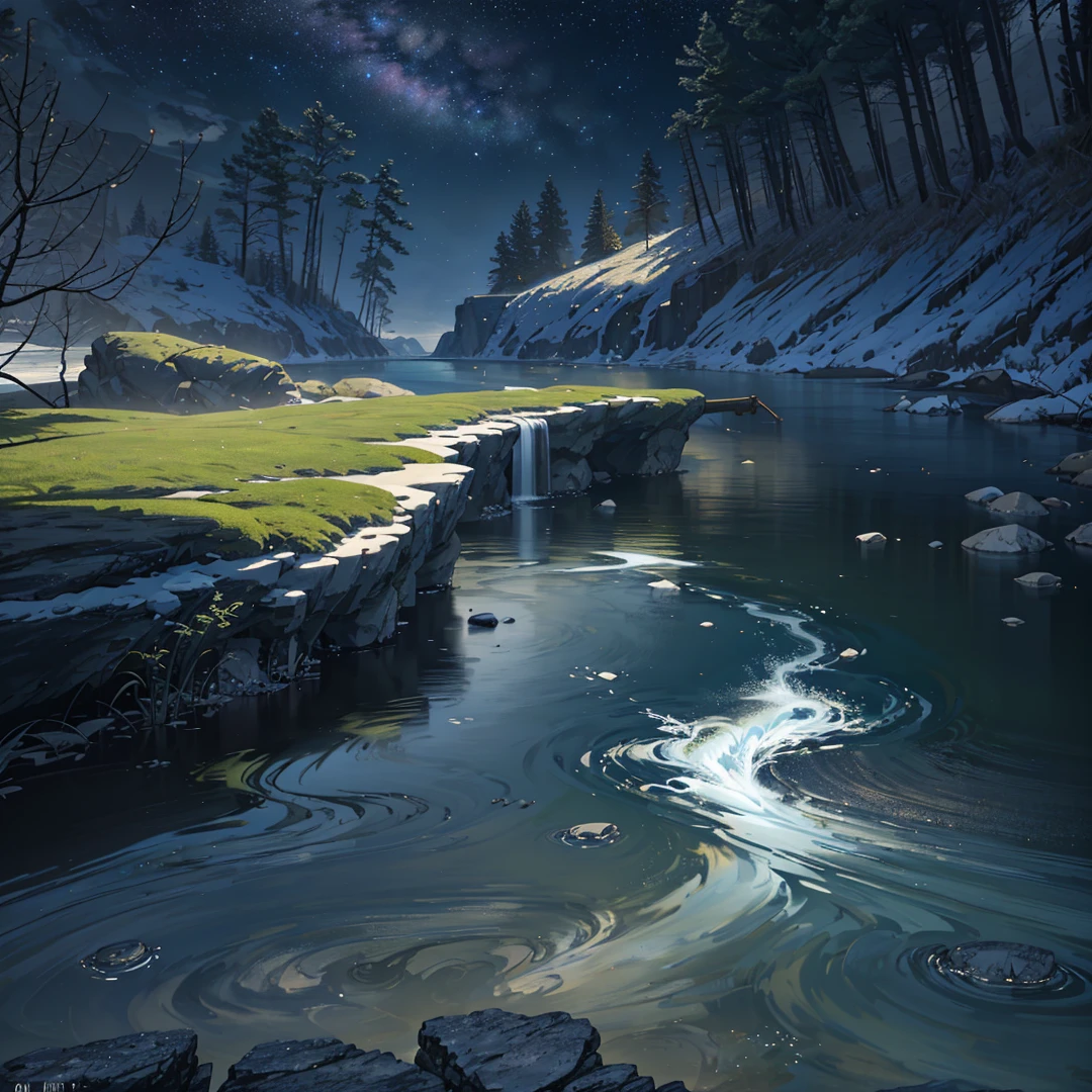 River, Bank, Milky Way, Flowing Water, Landscape, Outdoor, Grass, Rocks, Minimalism, Mystery, (Illustration: 1.0), Epic Composition, Realistic Lighting, HD Details, Masterpiece, Best Quality, (Very Detailed CG Unity 8k Wallpaper) , (best quality)