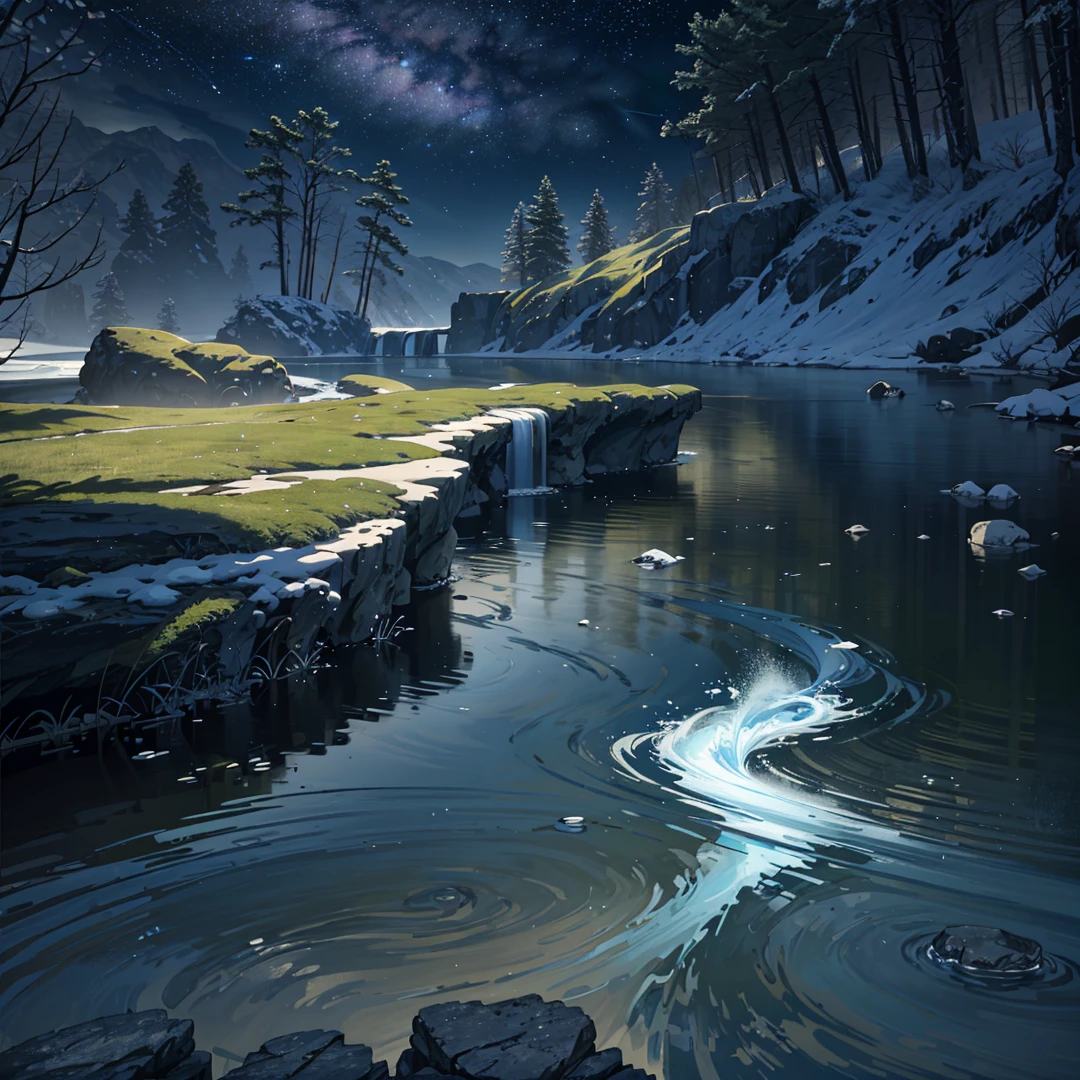 River, Bank, Milky Way, Flowing Water, Landscape, Outdoor, Grass, Rocks, Minimalism, Mystery, (Illustration: 1.0), Epic Composition, Realistic Lighting, HD Details, Masterpiece, Best Quality, (Very Detailed CG Unity 8k Wallpaper) , (best quality)