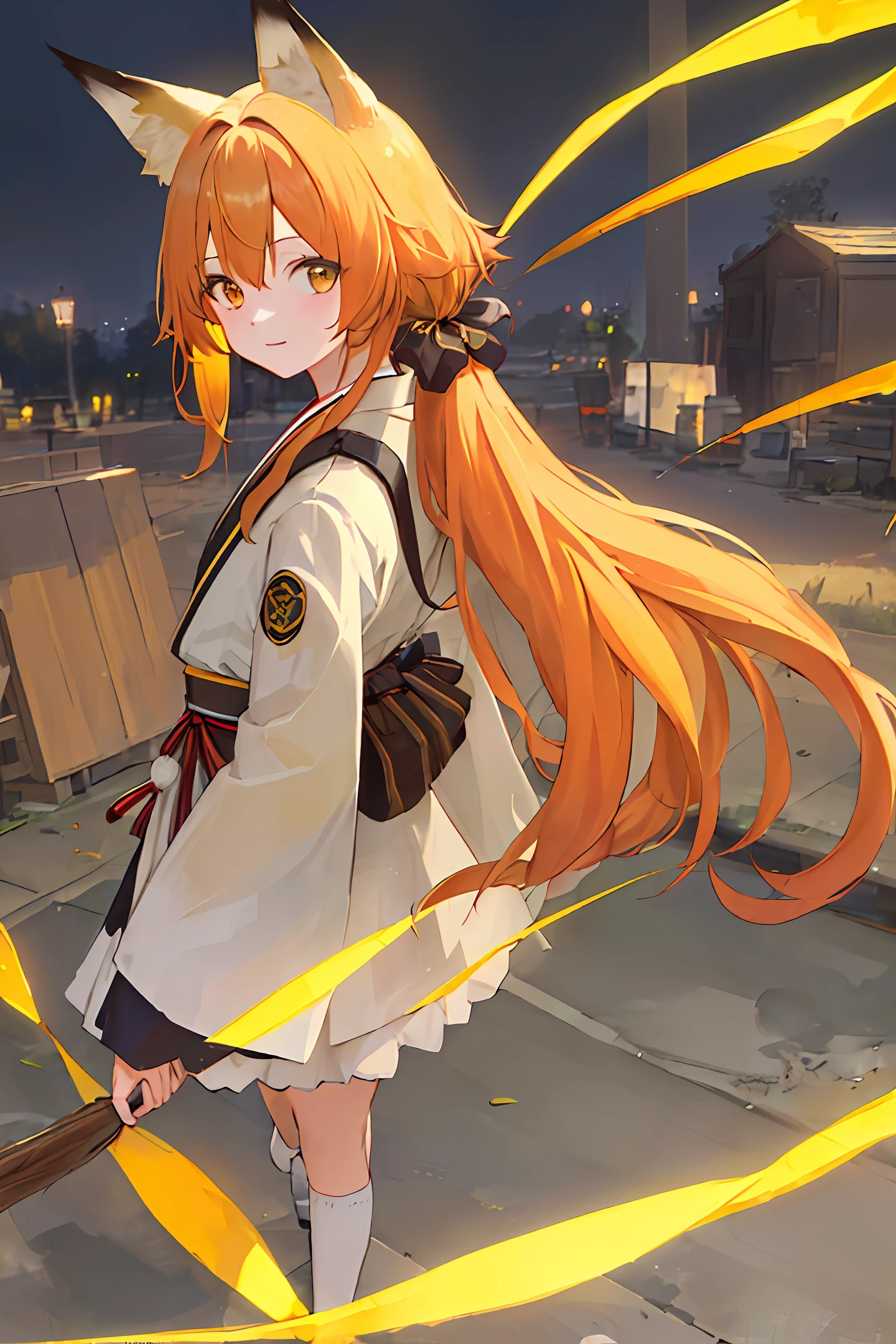 ((masterpiece,best quality)), 4k, multiple exposure, 1 girl, yellow hair, long hair, brown eyes, fox ears, fox tail, yellow, traditional yellow and white kimono, night park background, looking back at viewer, ( (correct number of limbs))