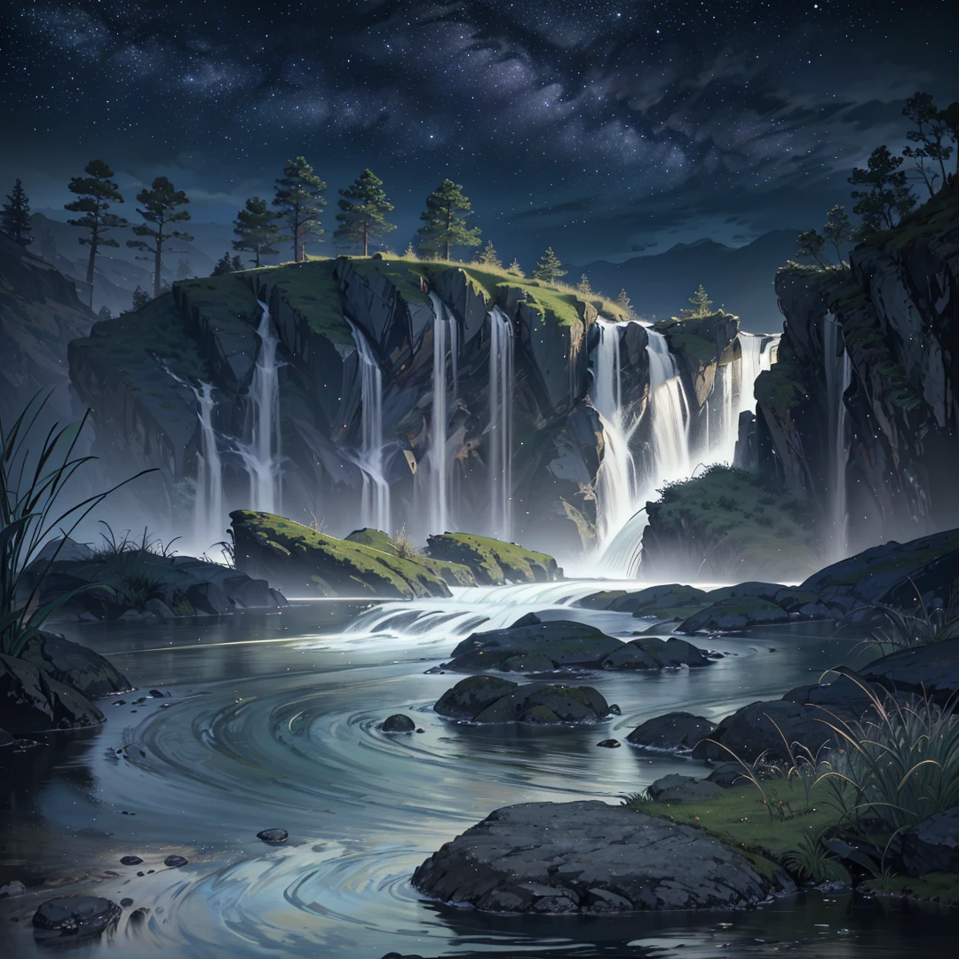 River, Bank, Milky Way, Flowing Water, Landscape, Outdoor, Grass, Rocks, Minimalism, Mystery, (Illustration: 1.0), Epic Composition, Realistic Lighting, HD Details, Masterpiece, Best Quality, (Very Detailed CG Unity 8k Wallpaper) , (best quality)