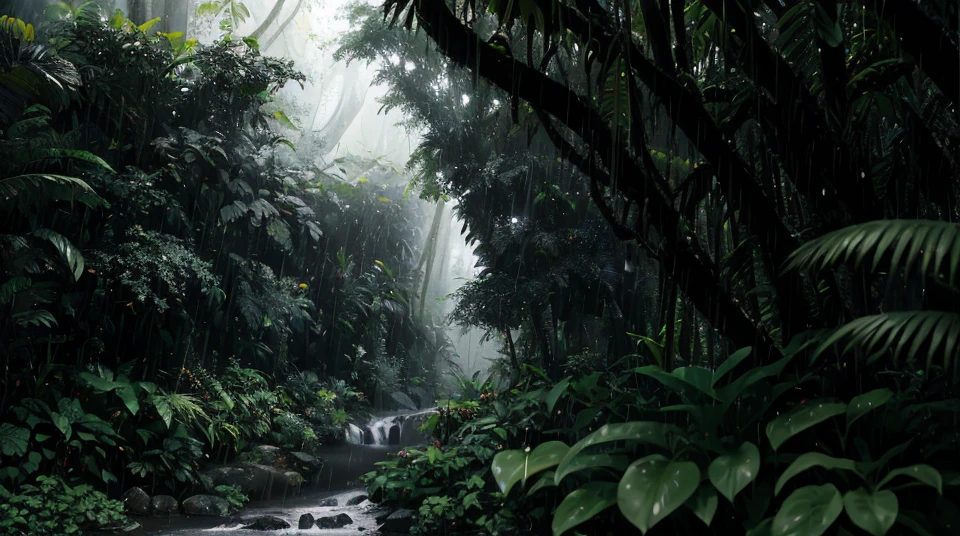 A jungle, with intense rainfall, monochromatic, vines all around, giant and wet trees, masterpiece, best quality, high quality, extremely detailed CG unity 8k wallpaper, oil paiting, award winning photography, Bokeh, Depth of Field, HDR, bloom, Chromatic Aberration ,Photorealistic,extremely detailed, trending on artstation, trending on CGsociety, Intricate, High Detail, dramatic, art by midjourney, volumetric lighting.
Image Size : 960x536