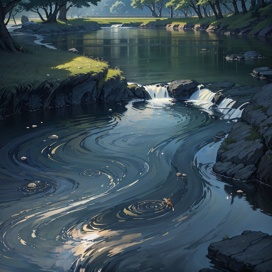 River, Bank, Milky Way, Flowing Water, Landscape, Outdoor, Grass, Rocks, Minimalism, Mystery, (Illustration: 1.0), Epic Composition, Realistic Lighting, HD Details, Masterpiece, Best Quality, (Very Detailed CG Unity 8k Wallpaper) , (best quality)