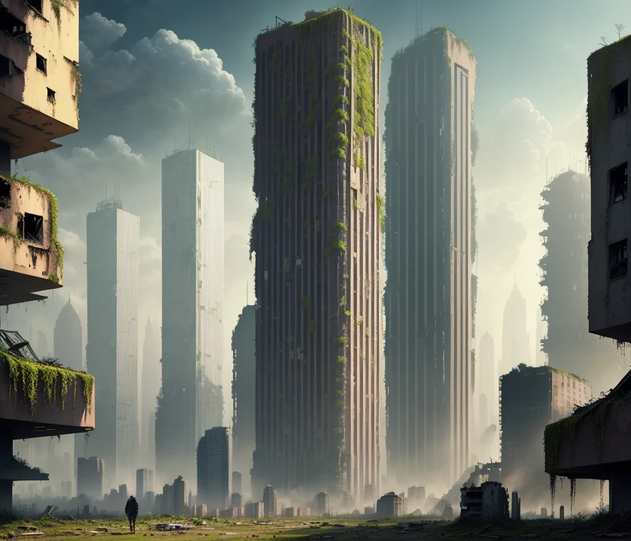 Modern city that is in ruins, apocalypse, overgrown with moss and plants, destroyed buildings and tall skyscrapers, after a war