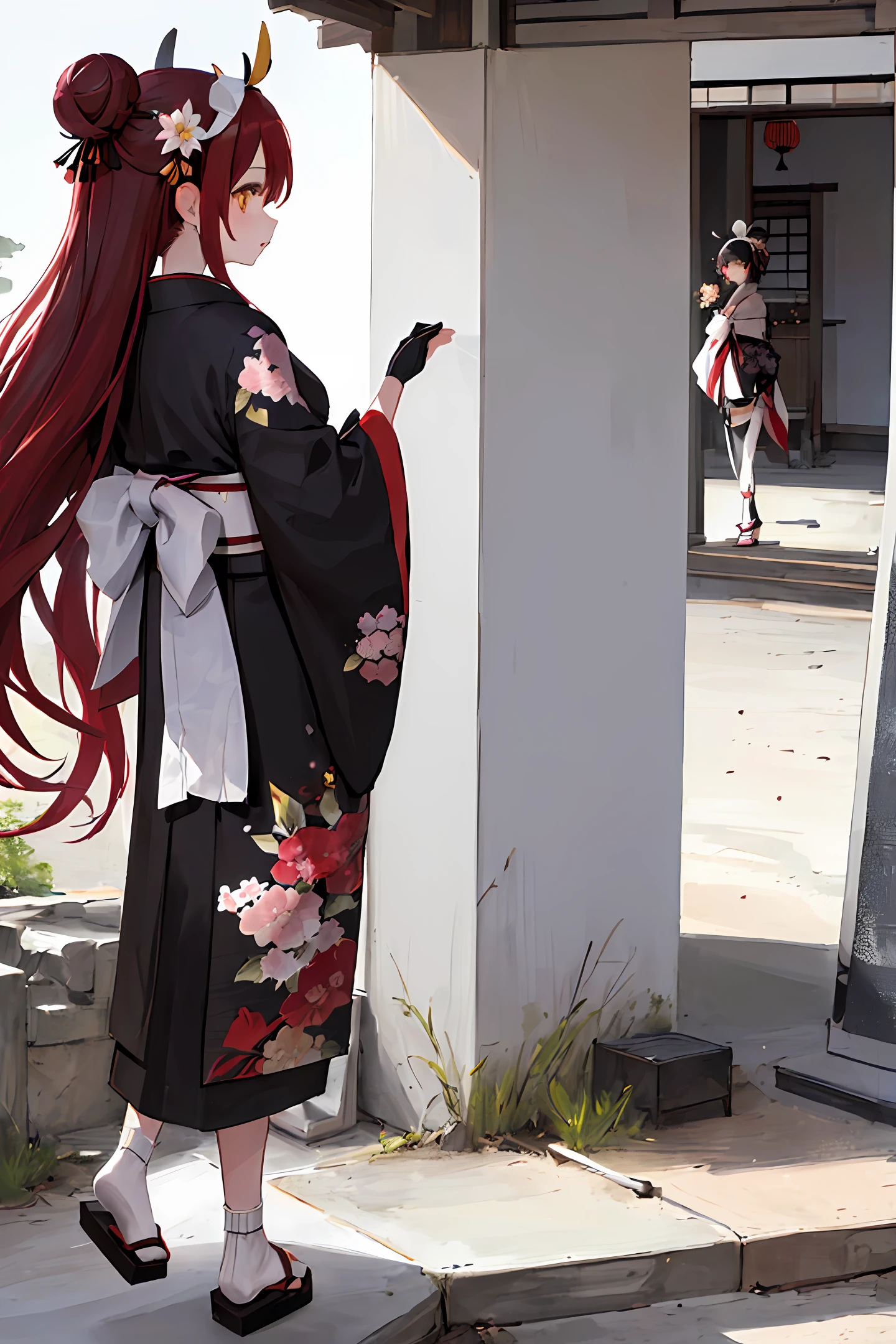 ((masterpiece, best quality)), 2 girls, black kimono, black legwear, black ribbon, black hair, cherry blossoms, day, flower, bun, headband, Japanese clothing, kimono, long hair, look at the viewer, look back, several girls, obi, outdoor, red eyes, red hair, ribbon, sandals, single hair bun, staircase, stand, statue, torii, tree, white kimono, white kimono, yellow eyes