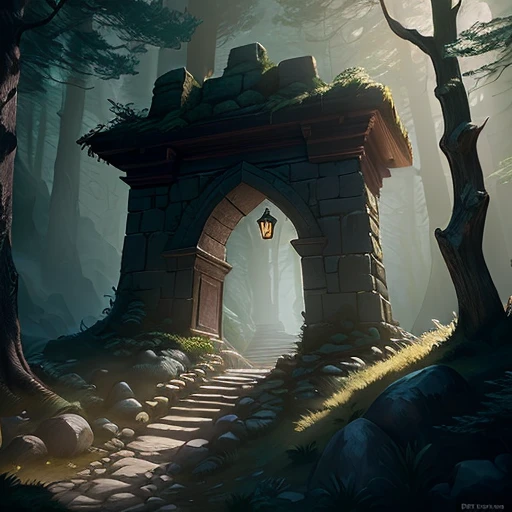 (masterpiece), (best quality), a dungeon entrance in a cliff face in a dark forest, digital painting, unreal engine, hyperrealistic, fantasy, atmospheric lighting, dark