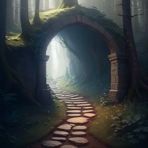 (masterpiece), (best quality), a forest path leading up to an arched doorway in a cliff face, digital painting, unreal engine, hyperrealistic, fantasy, atmospheric lighting, dark