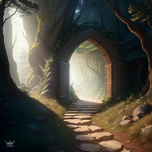 (masterpiece), (best quality), a forest path leading up to an arched doorway in a cliff face, digital painting, unreal engine, hyperrealistic, fantasy, atmospheric lighting, dark