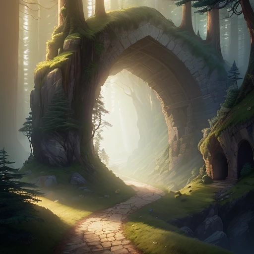 (Masterpiece), (best quality) digital painting of a forest path winding up to a cliff face with an arched doorway in it, created in Unreal Engine for hyperrealistic effect. The fantasy atmosphere is heightened with atmospheric lighting, adding a sense of darkness and mystery