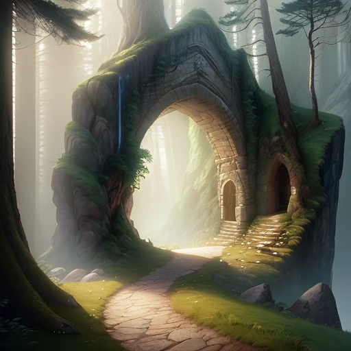 (Masterpiece), (best quality) digital painting of a forest path winding up to a cliff face with an arched doorway in it, created in Unreal Engine for hyperrealistic effect. The fantasy atmosphere is heightened with atmospheric lighting, adding a sense of darkness and mystery