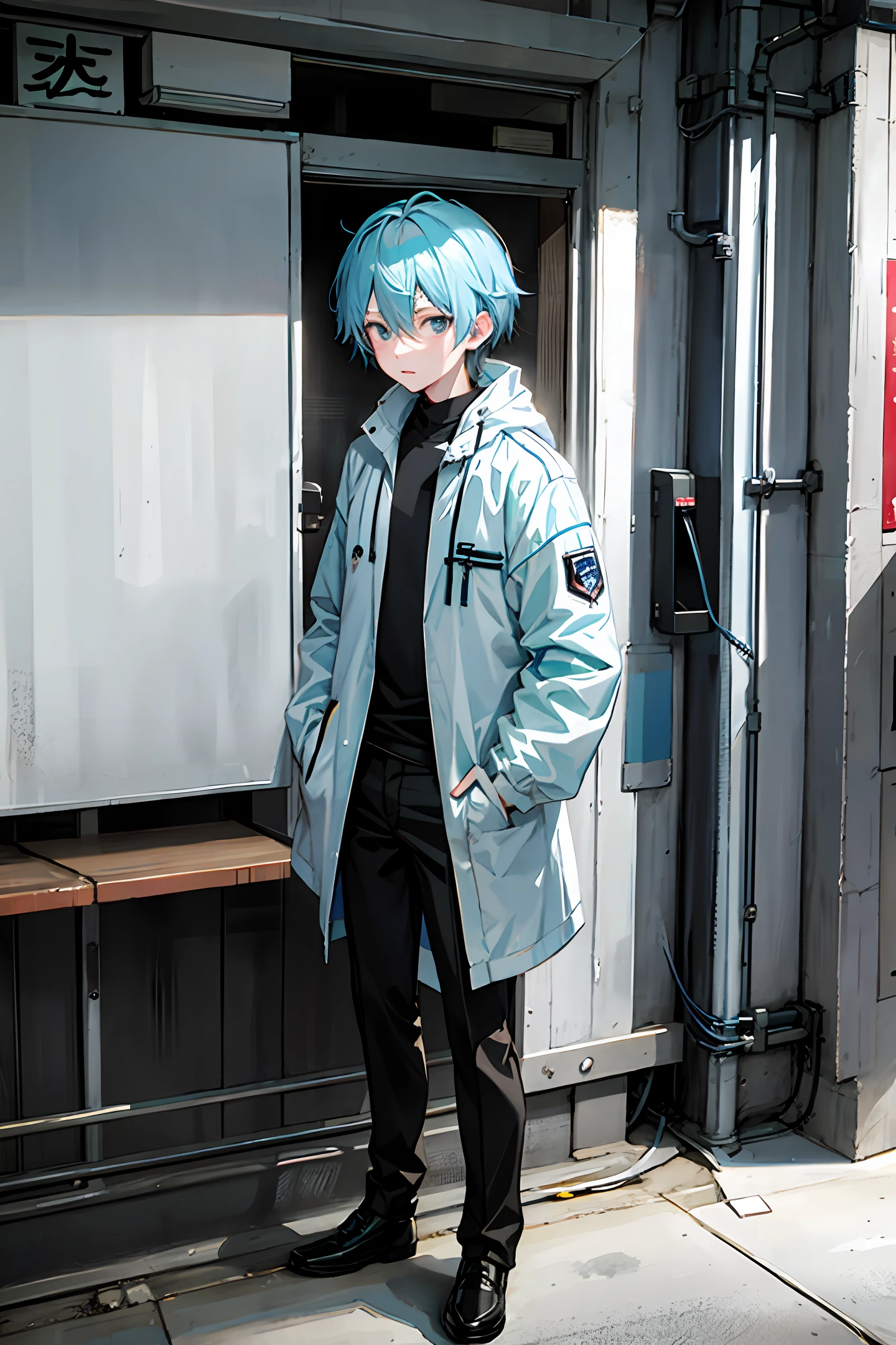 Blurred environment, anime boy, light blue hair, white windbreaker, gloomy, alone, standing in the dark, lively city, hands in pockets, Japanese anime style