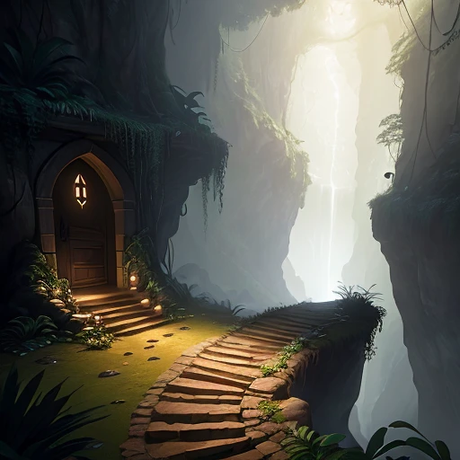 (Masterpiece), (best quality) digital painting of a jungle path leading up to vertical cliff with a door in it, created in Unreal Engine for hyperrealistic effect. The fantasy atmosphere is heightened with atmospheric lighting, adding a sense of darkness and mystery