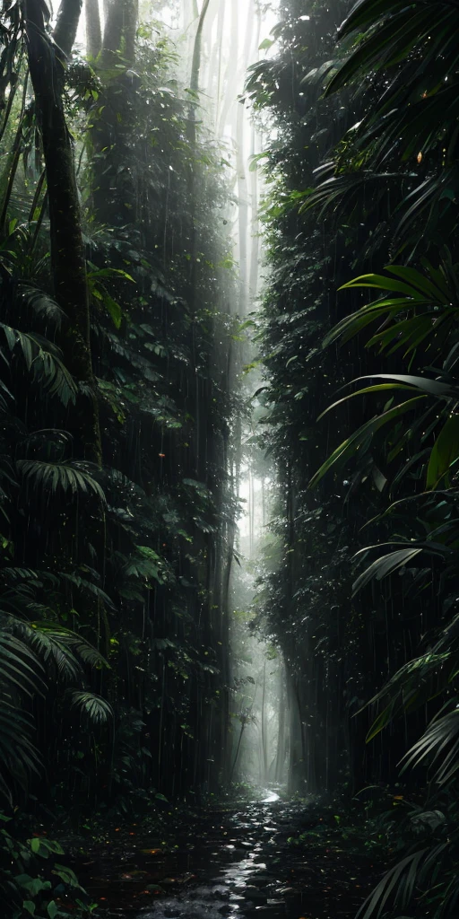 Jungle, heavy rainfall, monochrome, vines everywhere, huge wet trees, masterpiece, best quality, high quality, very detailed CG unity 8k wallpaper, oil painting, award winning photography, bokeh, depth of field, HDR, bloom , chromatic aberration, photorealism, very detailed, trending on artstation, trending on CGsociety, intricate, high detail, dramatic, midjourney art, volumetric lighting 9x16