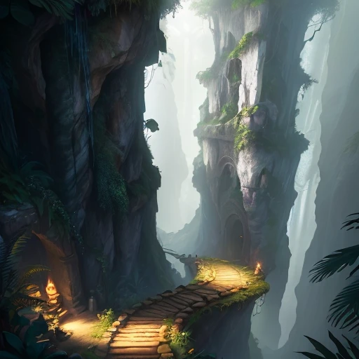(Masterpiece), (best quality) digital painting of a jungle path leading up to vertical cliff rising up from the jungle floor and with a door in it, created in Unreal Engine for hyperrealistic effect. The fantasy atmosphere is heightened with cinematic lighting, adding a sense of darkness and mystery