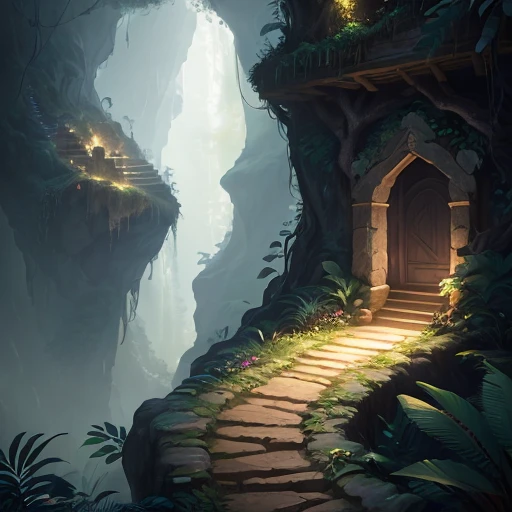 (Masterpiece), (best quality) digital painting of a jungle path leading up to vertical cliff rising up from the jungle floor and with a door in it, created in Unreal Engine for hyperrealistic effect. The fantasy atmosphere is heightened with cinematic lighting, adding a sense of darkness and mystery