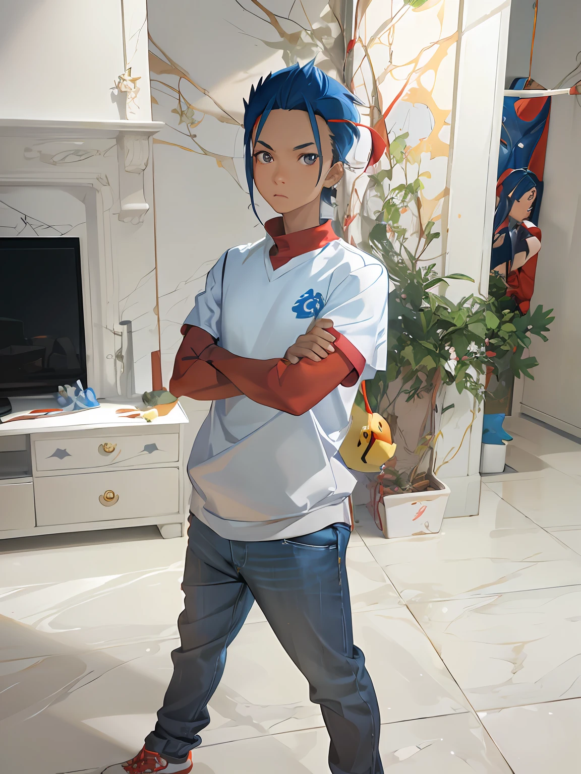 Pokémon trainer, red sweater, blue clothes, Ash, disdainful expression, holding arms, young teenager, strong reflection, masterpiece, best quality, (very detailed CG unity 8k wallpaper), (best Quality), (Best Illustration), (Best Shadows), Ridiculous, Realistic Lighting, (Abyss), Beautiful Detailed Glow, Art by PeterMohrBacher,
