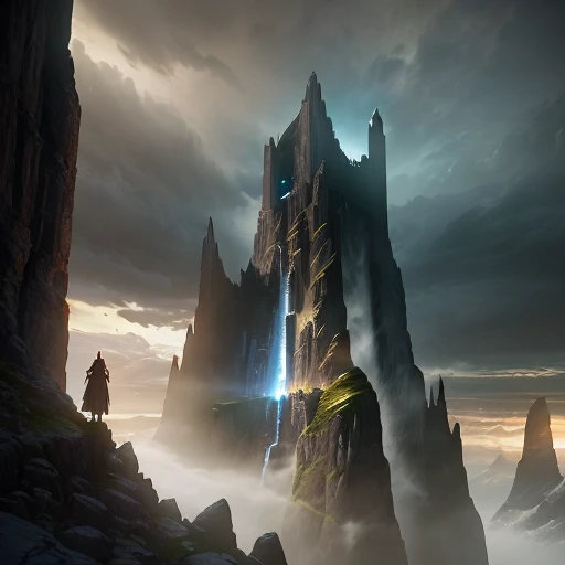 "(Masterpiece), high-quality digital art of a towering vertical cliff with an imposing, fortified door embedded in it. Created using Unreal Engine, the image is hyper-realistic with a dark, foreboding atmosphere that evokes a sense of sinister fantasy. The scene is dramatically lit and cinematic in scope."