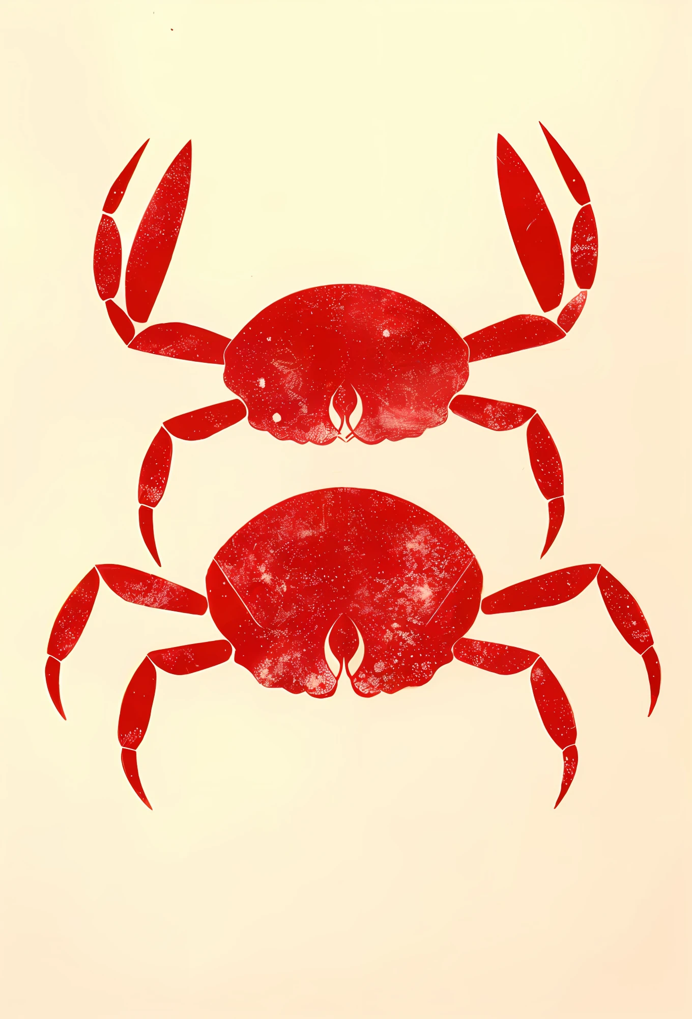 Close up of a crab with red outline on a white background, hand drawn illustration, screen printing, claws pointing up