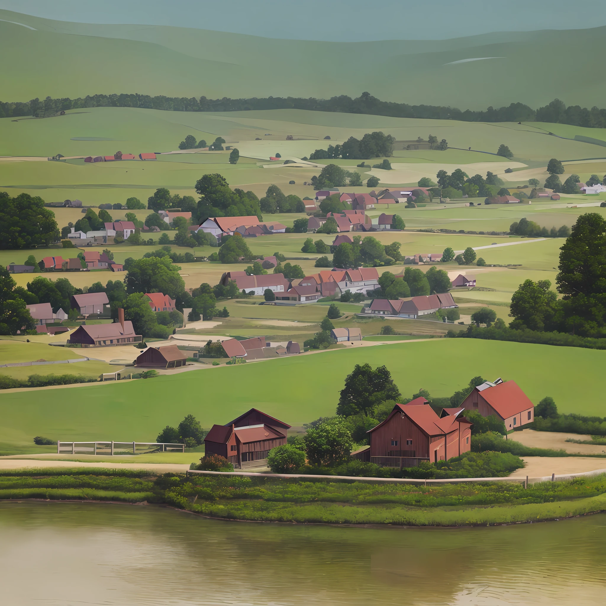 With the American farm as the background, digital painting creator Dai Jin's illustrations depict an anime-style rural landscape with pure colors and rich details, which is very beautiful and full of artistic sense. The details of the house and pond in the picture are rich and realistic, showing the effect of real oil painting, which is amazing. (farm, American scene, anime rural landscape, digital painting, rich details, oil painting effect, artistic sense)