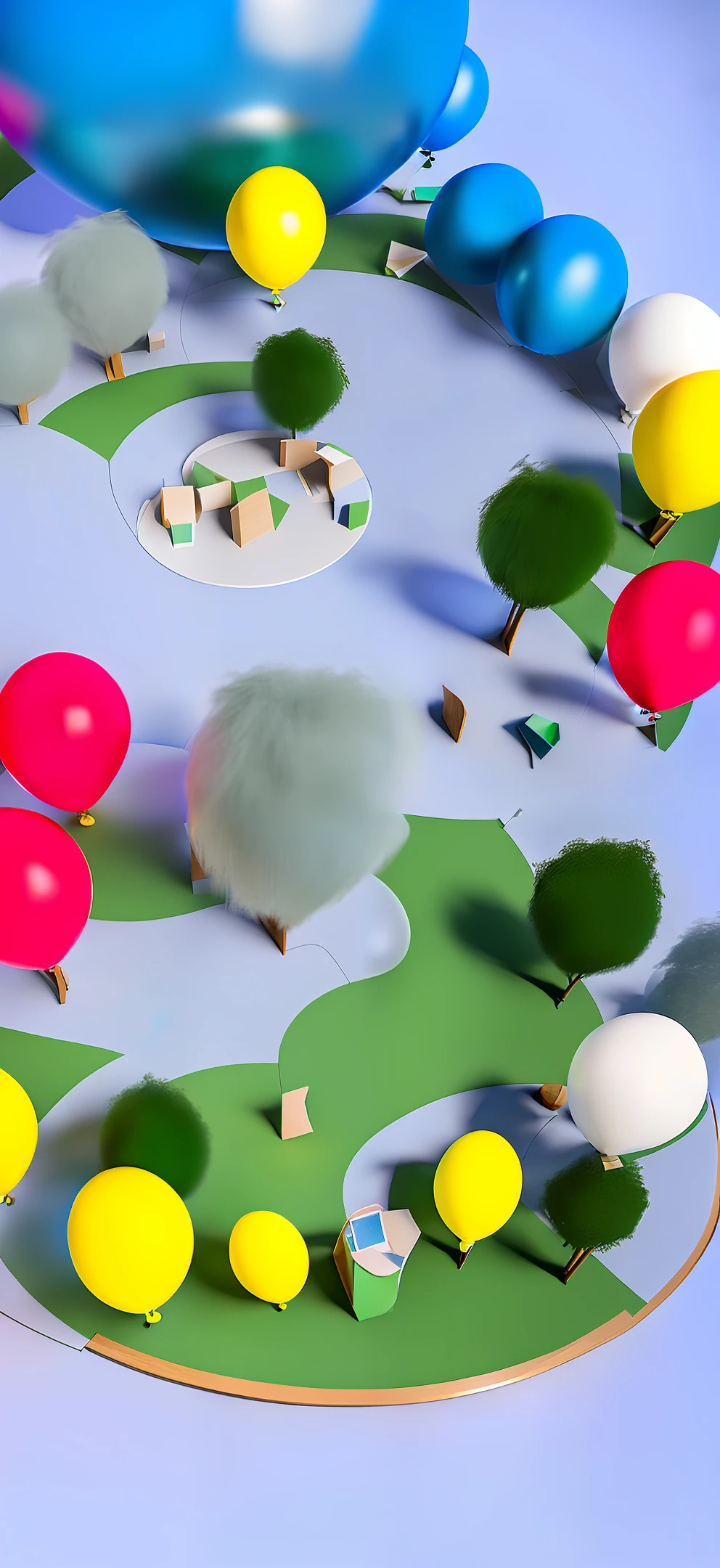 three views, vision, concept [industry], booth design, open space, there are many balloons gathered in the center of the site, surrounded by showcases, soft colors, Morandi color system, plush grass base, wood material, Children&#39;s playground, cute game style, [color], [environment], 4K, three views, super detailed, --ar3: 2
