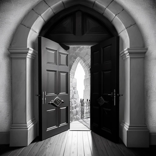 Line art in black and white, an imposing fortified dungeon door in an archway in a towering cliff, black and white pen and ink drawing, by Dave Trampier, sinister, dark