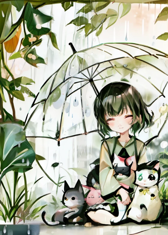 cartoon cat sitting on a leaf under an umbrella in the rain, cute illustration, it is raining, on a rainy day, kawaii rainy gloomy, it's raining, rainy mood, misty and raining, while it's raining, raining!!, just after rain, it\'s raining, rainy afternoon, in the rain, cats and plants, day after raining, serene illustration