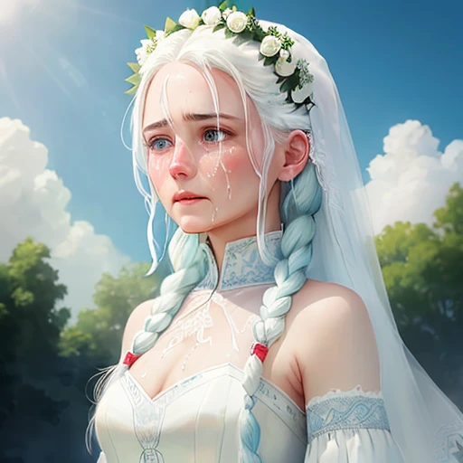 A girl with white hair is crying under the blue sky, with two braids, blue-green eyes, in a white wedding dress, against the light