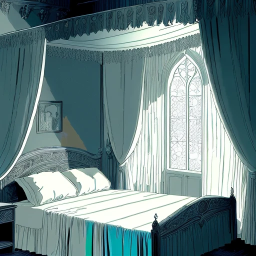A ray of morning sunlight falls through French windows on the crumpled sheets of an (unmade:1.5) majestic fourposter bed in a medieval castle room, (full colour line art:1.5), by Rebecca Guay, by Esteban Maroto, masterpiece, extremely high details