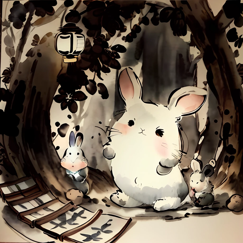 Traditional Chinese Ink painting peter rabbit, soft illumination, watercolor, ohara koson style, Traditional Chinese Ink painting