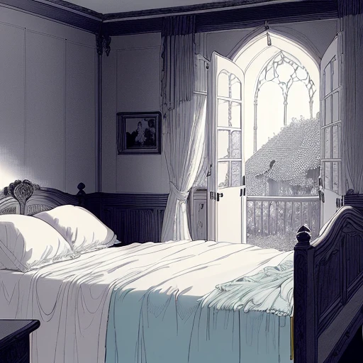 A ray of morning sunlight falls through French windows on a single red rose lying on the crumpled sheets and blankets of an (unmade:1.5) fourposter bed in a medieval castle room, (full colour line art:1.5), by Rebecca Guay, by Esteban Maroto, masterpiece, extremely high details
