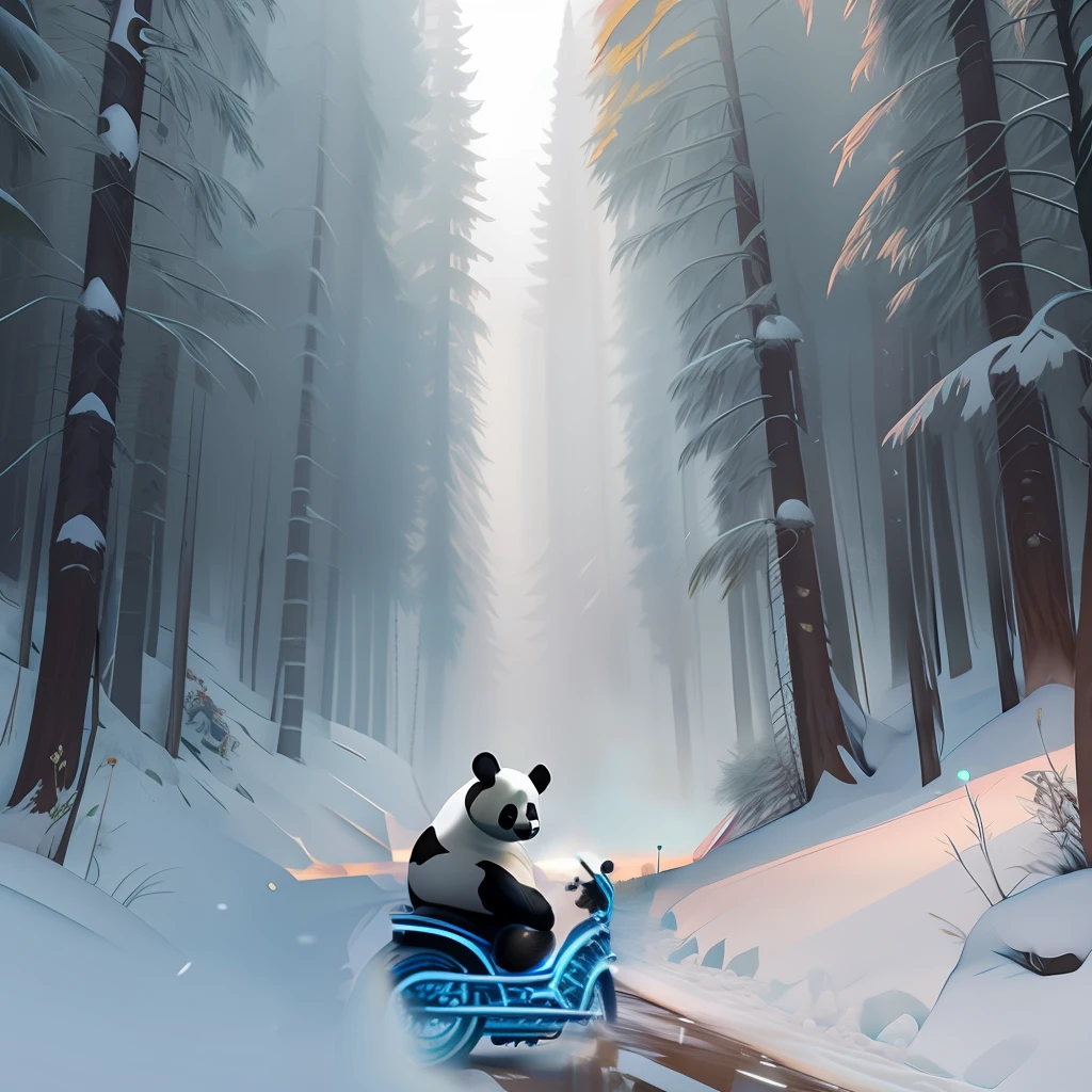 Giant panda riding a motorcycle and carrying a sword