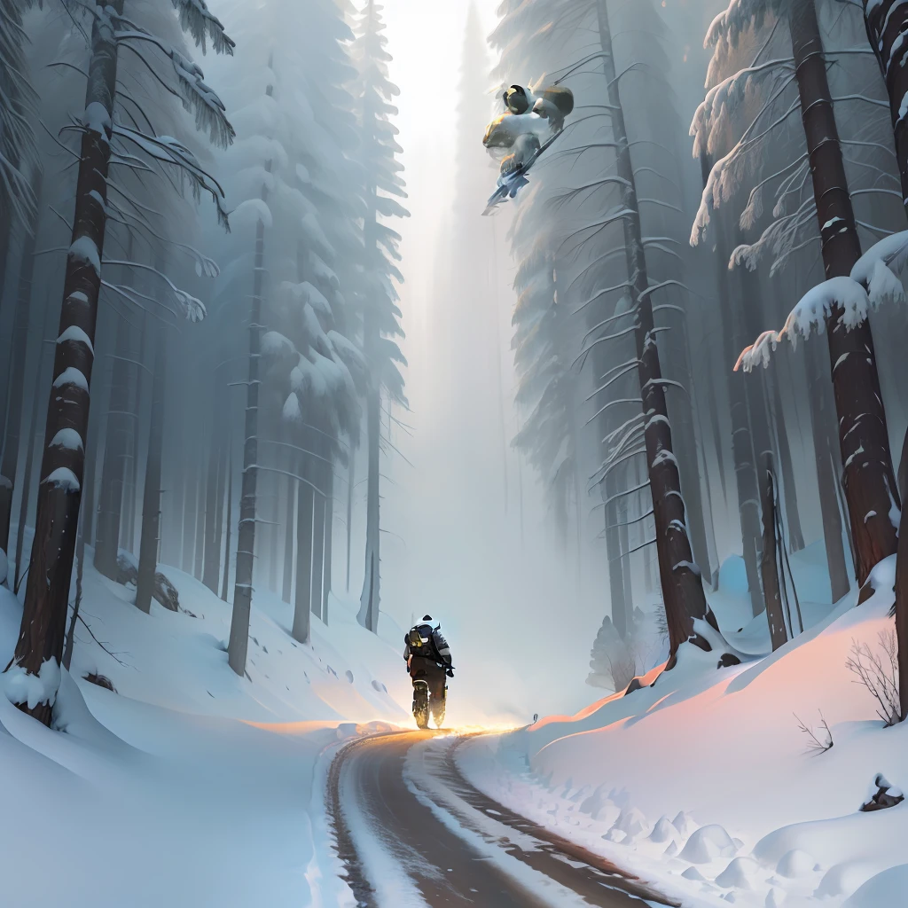 Winter, forest, heavy snow, road, motorcycle, giant panda, sword, movie matte illustration