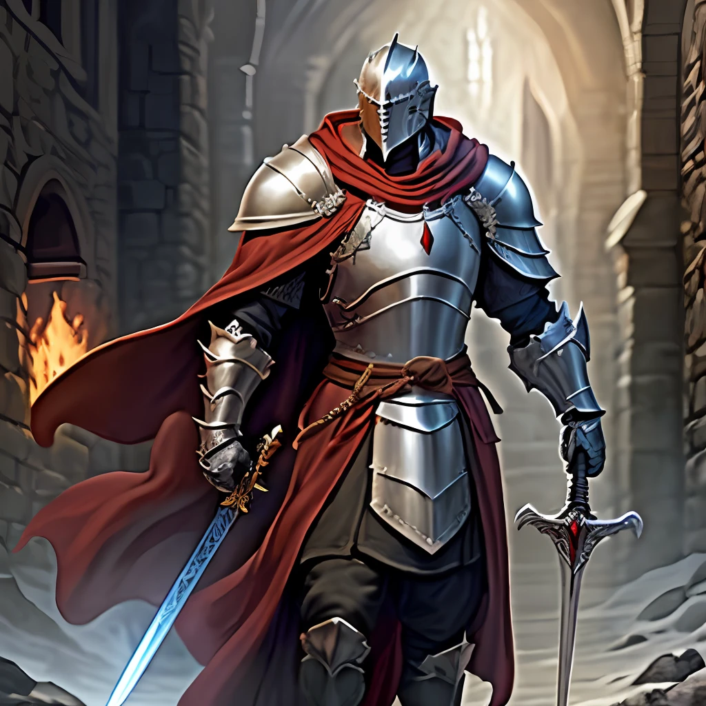 dnd, knight, armor, magic, sword, eldritch knight, heavy armor, magic, arcane knight, red cloak, full body, human, sword, staff,