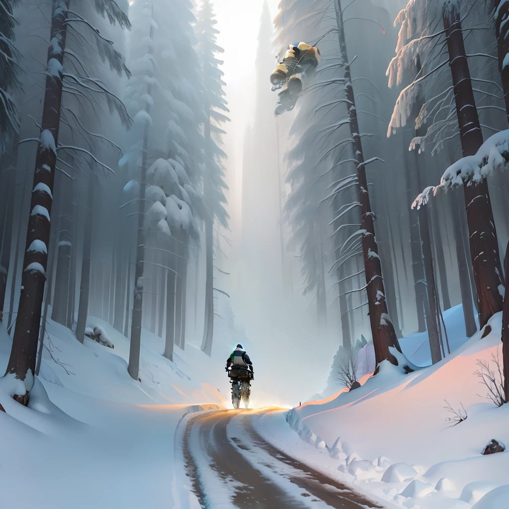 Winter, forest, heavy snow, road, motorcycle, giant panda, sword, movie matte illustration