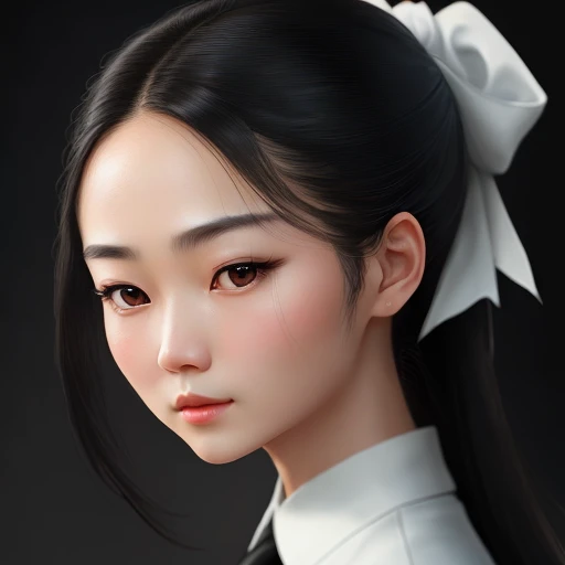 Wearing a black suit, white shirt, black and white twill tie, professional chinese woman with tied hair, front, close-up, beautiful and delicate face, ID photo, 8K,clear facial features,beautiful scene,close-up photo,Hyper Real, --ar 16:9 --uplight --tile --quality 4