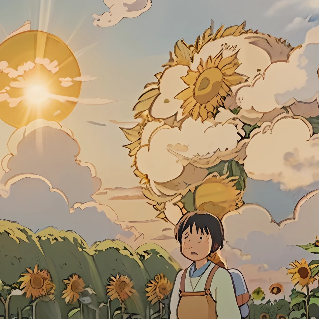 Sunflowers, Hayao Miyazaki, good weather, comic clouds, sun shines, 8k