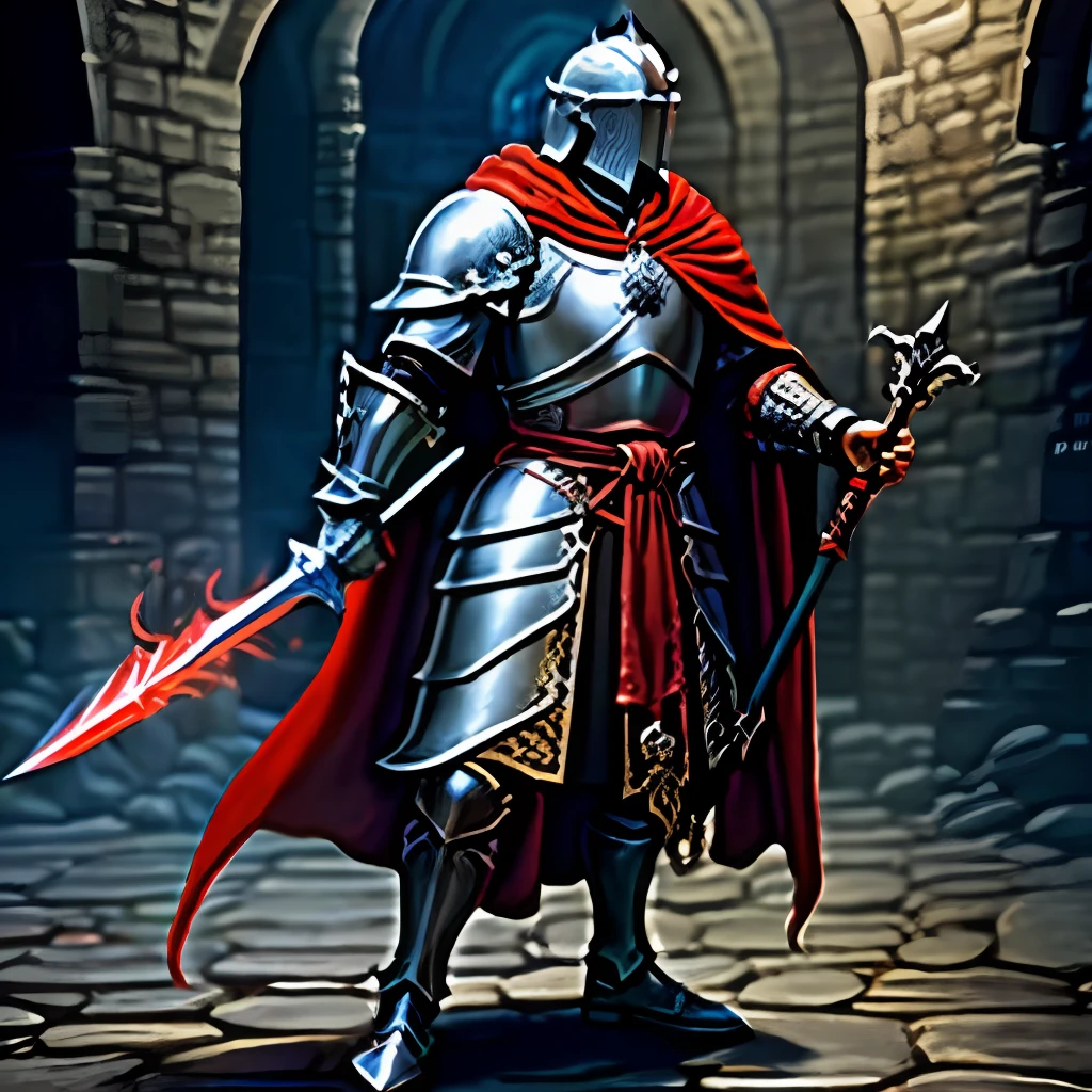 dnd, knight, armor, magic, sword, eldritch knight, heavy armor, magic, arcane knight, red cloak, full body, human, sword, staff, holding staff