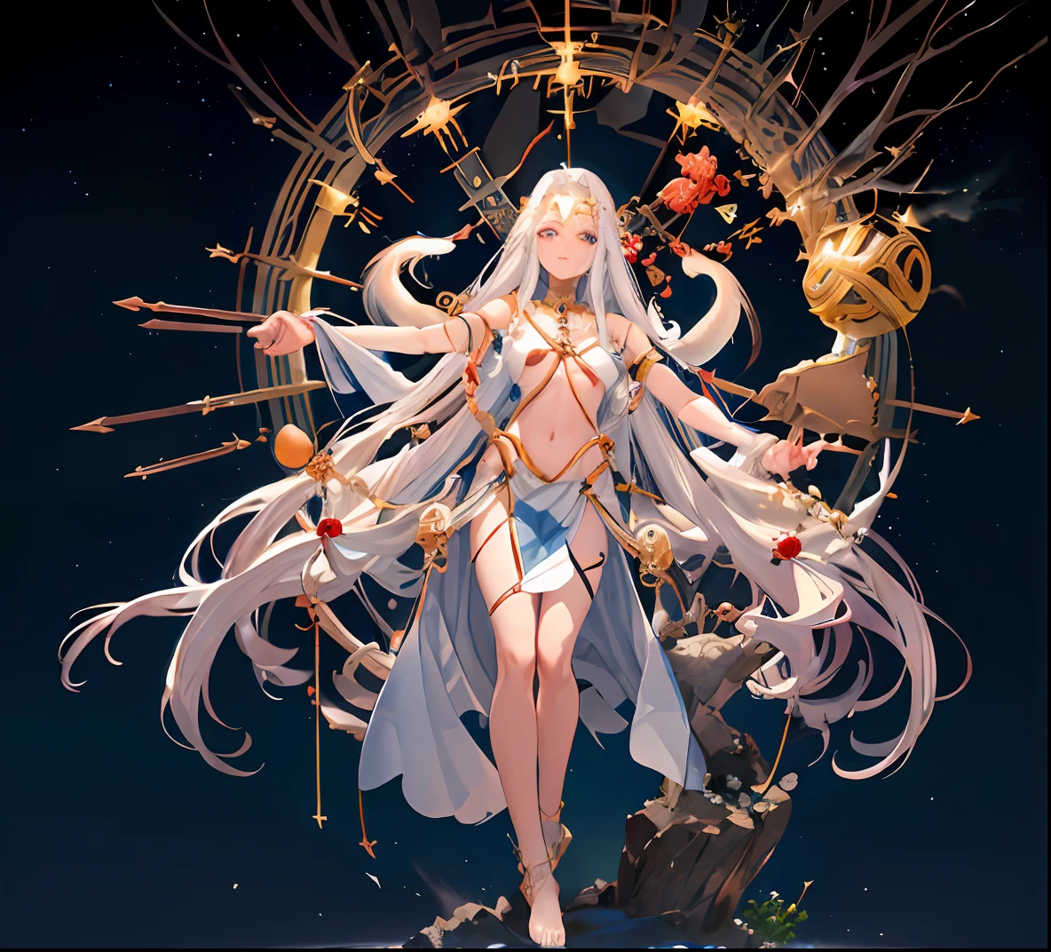 ((Zeus)|(Odin)|(Shiva)|(Amaterasu)),((Jesus)|(Argos)|(Crown and Thorn Rose)), high-definition wallpaper level CG, Illustration presents high quality In the gorgeous ivory tower, ((fifty arms and ten eyes)|(three heads and six arms)), with white hair, wearing a war robe, suspended under the sky, ((creature: 1.2+volcano: 1.1) +Sunlight: 1.3+Starlight: 1.2+Rock: 1.1+Forest: 1.1), height adjustable angle.