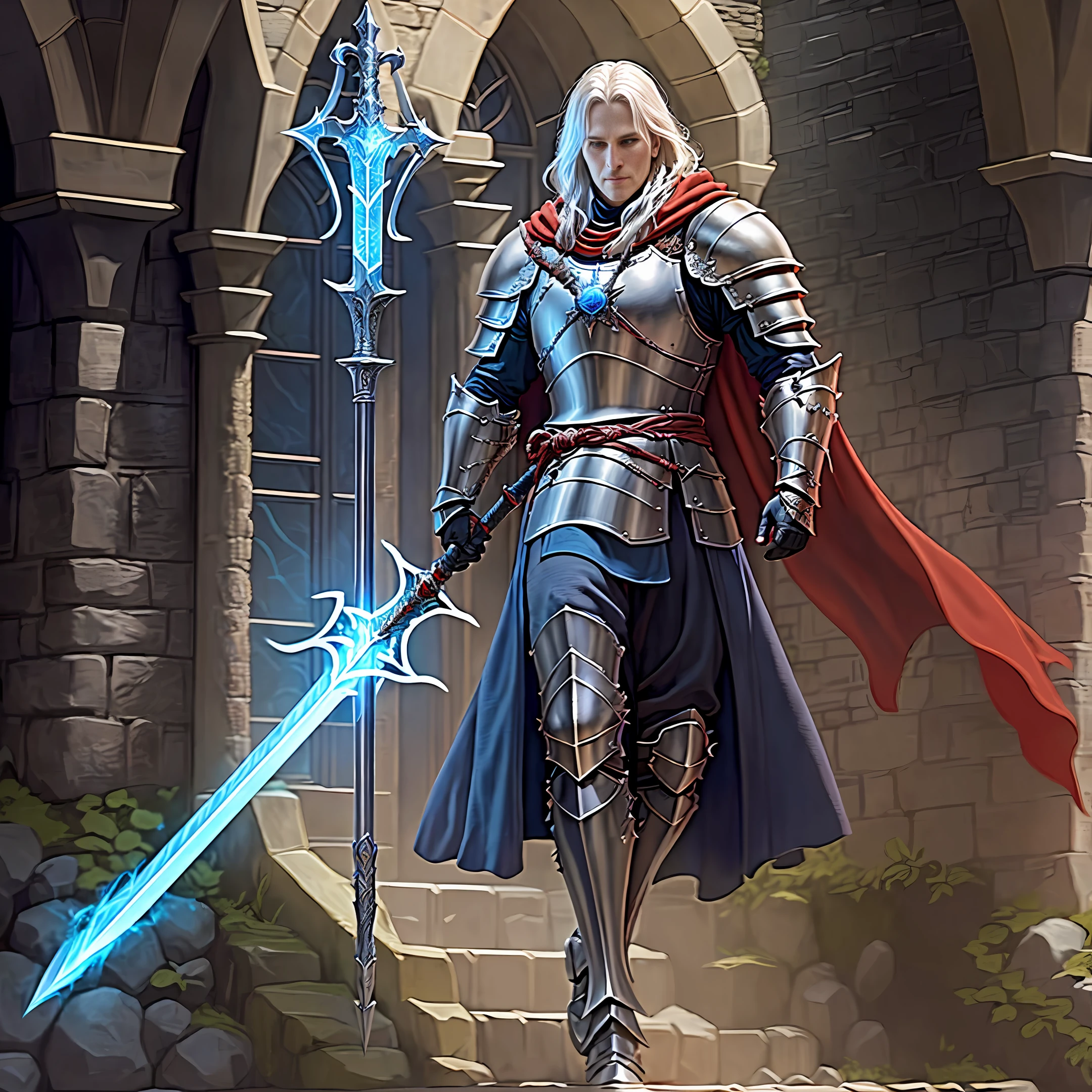 dnd, knight, armor, magic, sword, eldritch knight, heavy armor, magic, arcane knight, red cloak, full body, human, sword, staff, holding staff, glass staff, longsword of blue lightning, no Wearing a helmet, 4k, 8k, ultra high definition, super detailed