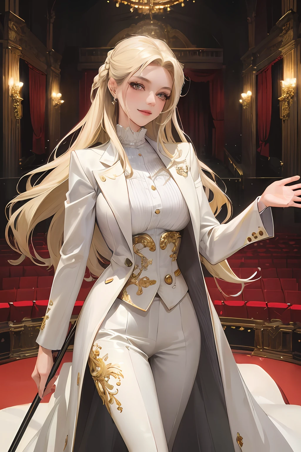 (highest resolution, distinct_image) best quality, a woman, masterpiece, highly detailed, semi-realistic, 22 years old, mature, young, beautiful, detailed eyes, (white suit), long hair, blonde hair, gray eyes, cane, theater stage, evil smile
