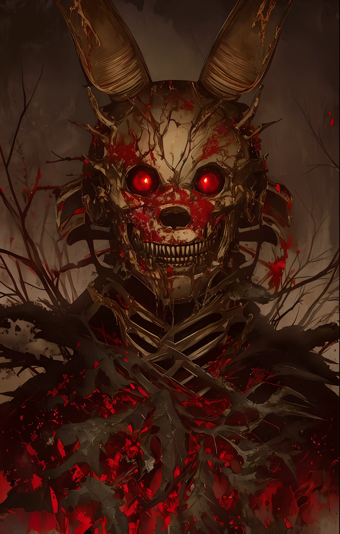 Springtrap five nights at freddy's, masterpiece, horror, dark atmosphere, red eyes, detailed shading, rotting, analog, mechanical abomination, rotting, full body view, forest setting