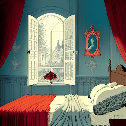 A ray of morning sunlight falls through French windows on a single red rose lying on the crumpled sheets and blankets of an (unmade:1.5) fourposter bed in a medieval castle room, (full colour line art:1.5), by Rebecca Guay, by Esteban Maroto, by Abigail Larson, masterpiece, extremely high details