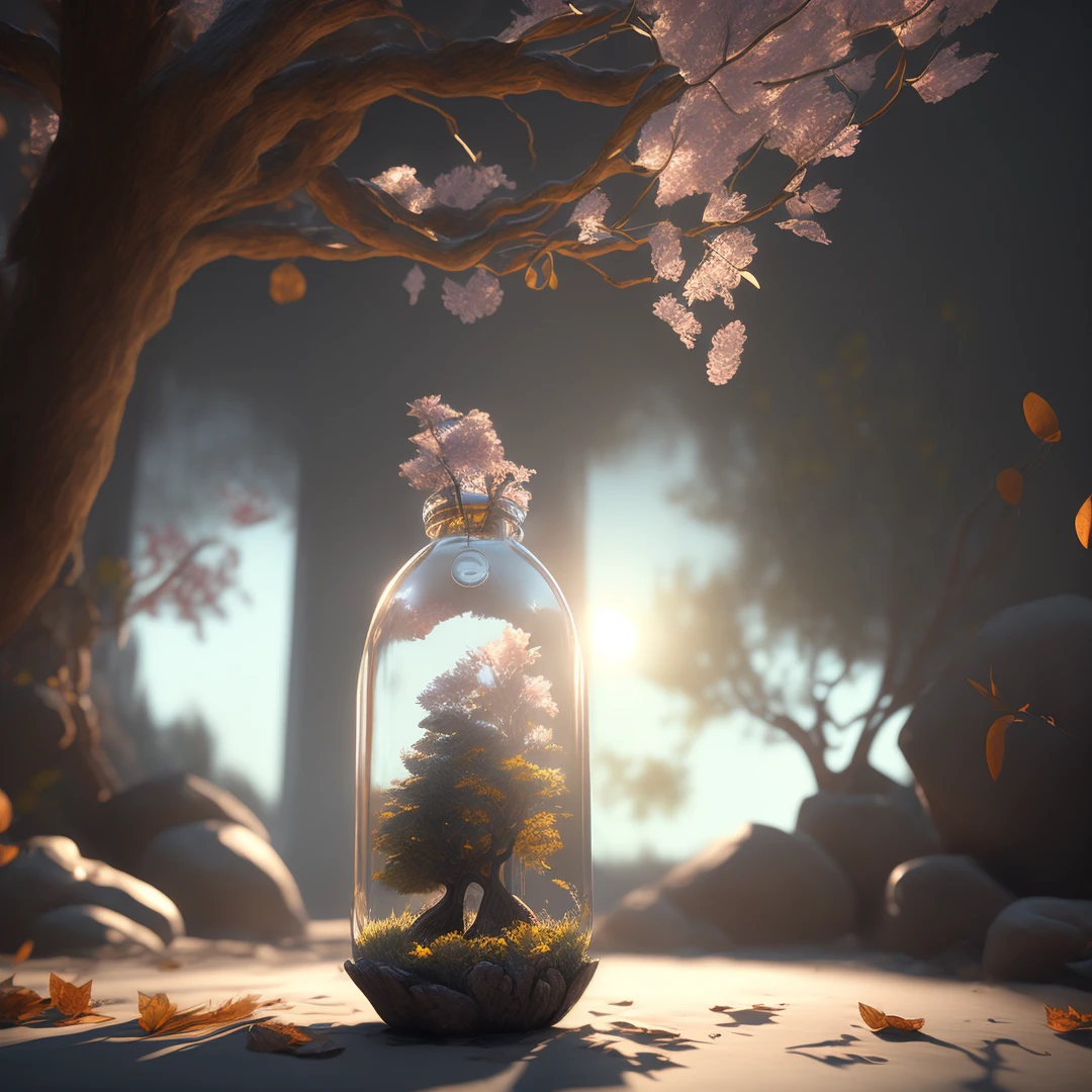 dream tree in a bottle, fluffy, realistic, photo, canon, dreamlike, art, colorful leaves and branches with flowers on top of the head. hyper-detailed photorealism by greg rutkowski - h 1024 w 804 | f 1 6 lens mark 2:2 s 3555 mm film grain :1 high resolution sharp focus contrast realistic!! intricate and detailed atmospheric light refraction lighting engine unreal 5 cinematic concept photography masterpiece octane render trending in cgsociety rendered as