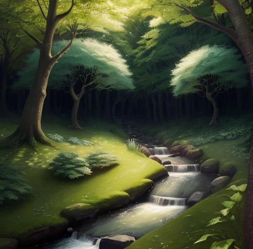 &quot;Imagine an enchanted forest filled with magic lanterns hanging from tree branches, illuminating a narrow path that winds through the woods. Lush green leaves filter the light and create a play of light and shadow on the ground. In the distance, you can hear the gentle lapping of a stream meandering through the trees. Use artificial intelligence to create a high quality image of this enchanting forest.&quot;