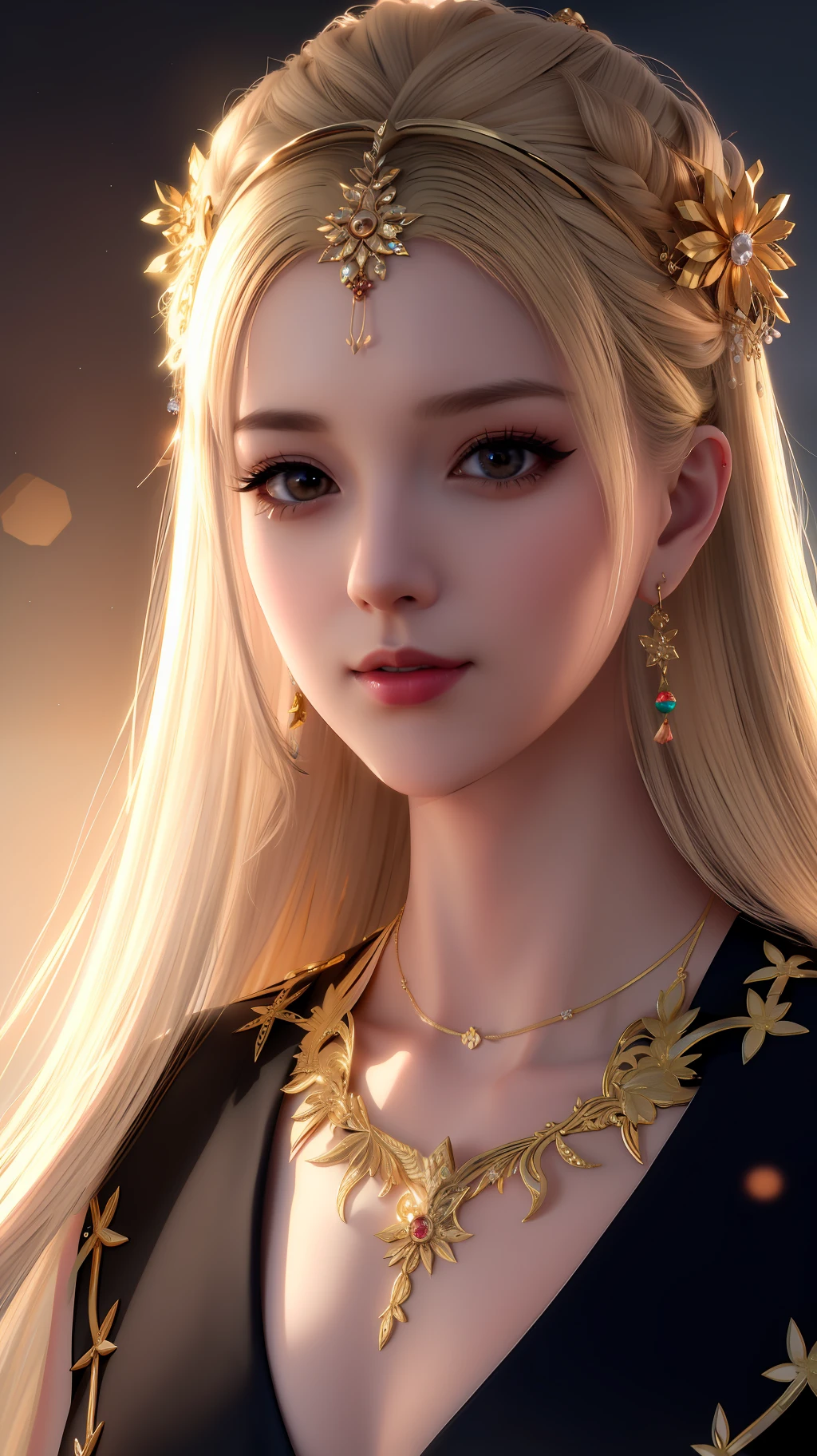 best quality, masterpiece, highres, 1girl,china dress,hair ornament,necklace, jewelry,Beautiful face,upon_body, tyndall effect,photorealistic, dark studio, rim lighting, two tone lighting,(high detailed skin:1.2), 8k uhd, dslr, soft lighting, high quality, volumetric lighting, candid, Photograph, high resolution, 4k, 8k, Bokeh, blonde hair,