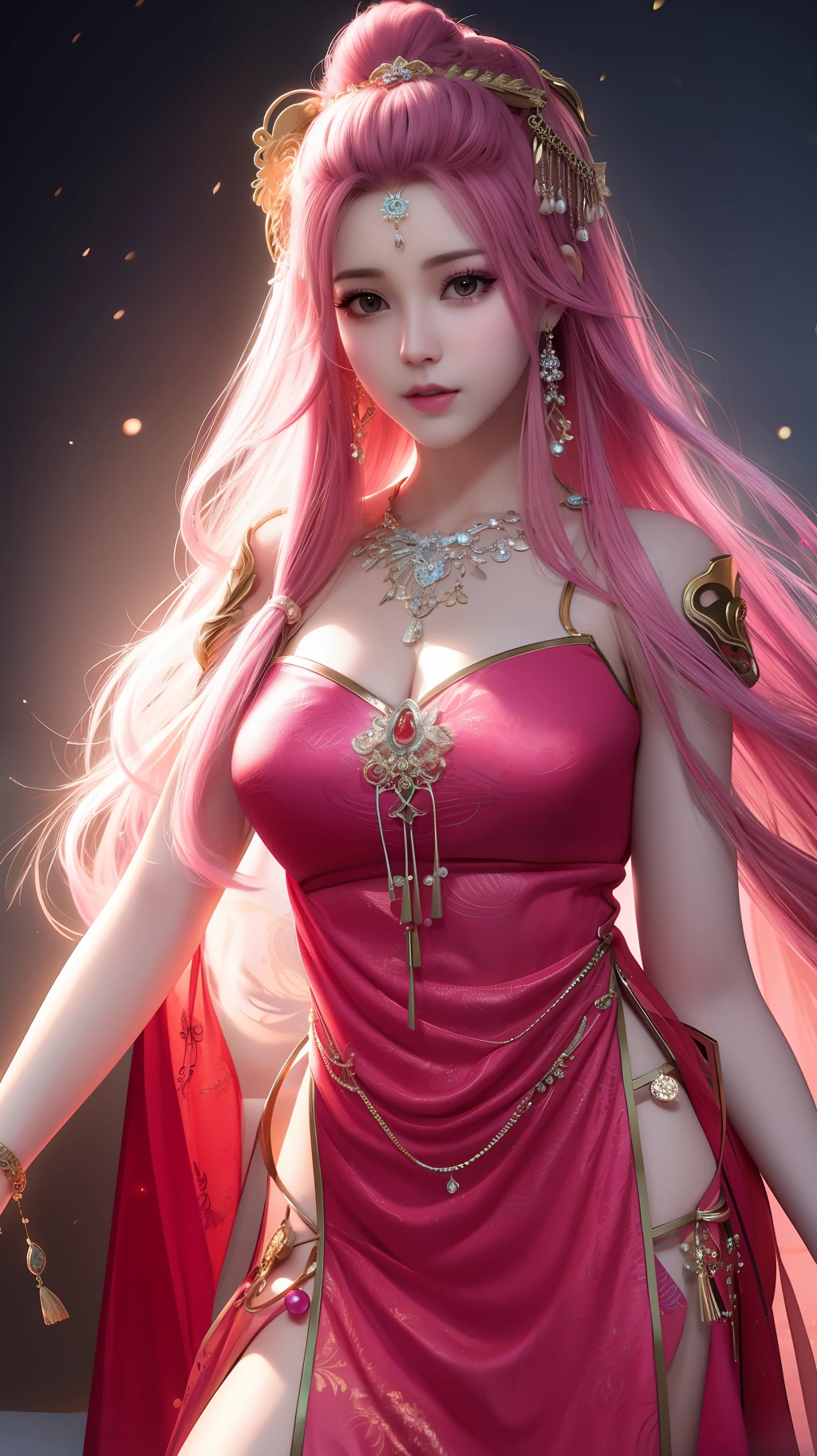 best quality, masterpiece, highres, 1girl,china dress, hair ornament, necklace, jewelry, Beautiful face, upon_body, tyndall effect, photorealistic, dark studio, rim lighting, two tone lighting,(high detailed skin:1.2), 8k uhd, dslr, soft lighting, high quality, volumetric lighting, candid, Photograph, high resolution, 4k, 8k, Bokeh, pink hair,